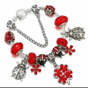 NEW Sterling Silver Red Lady Bug Charm Bracelet